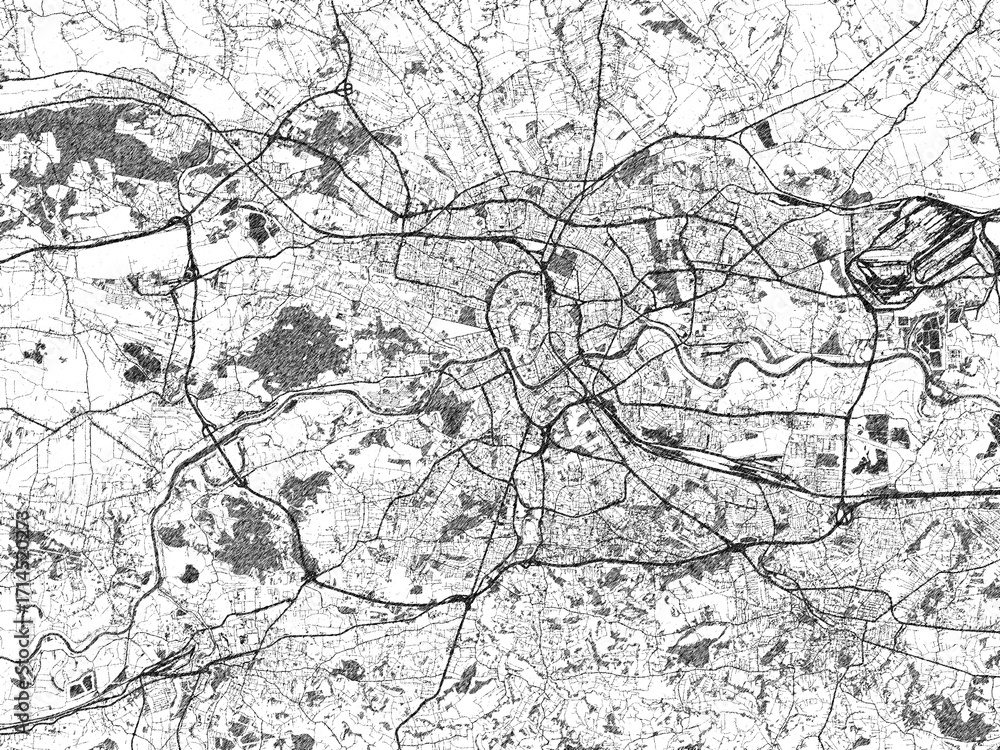 Fototapeta premium Monochrome sketch map of Krakow, Poland, ideal for posters, prints, and travel design.