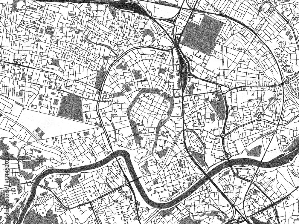 Naklejka premium Stylized decorative city map of Krakow city center, Poland, hand-drawn in black and white.