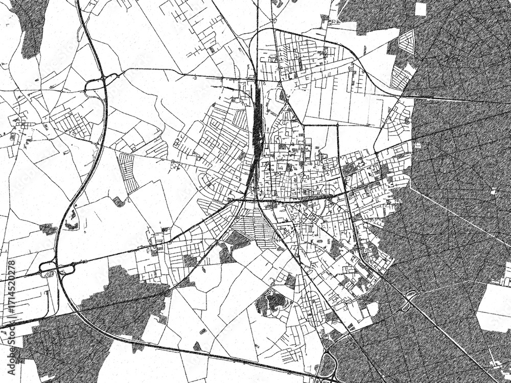 Fototapeta premium Decorative monochrome illustration of Leszno, Poland, showing its detailed grid.