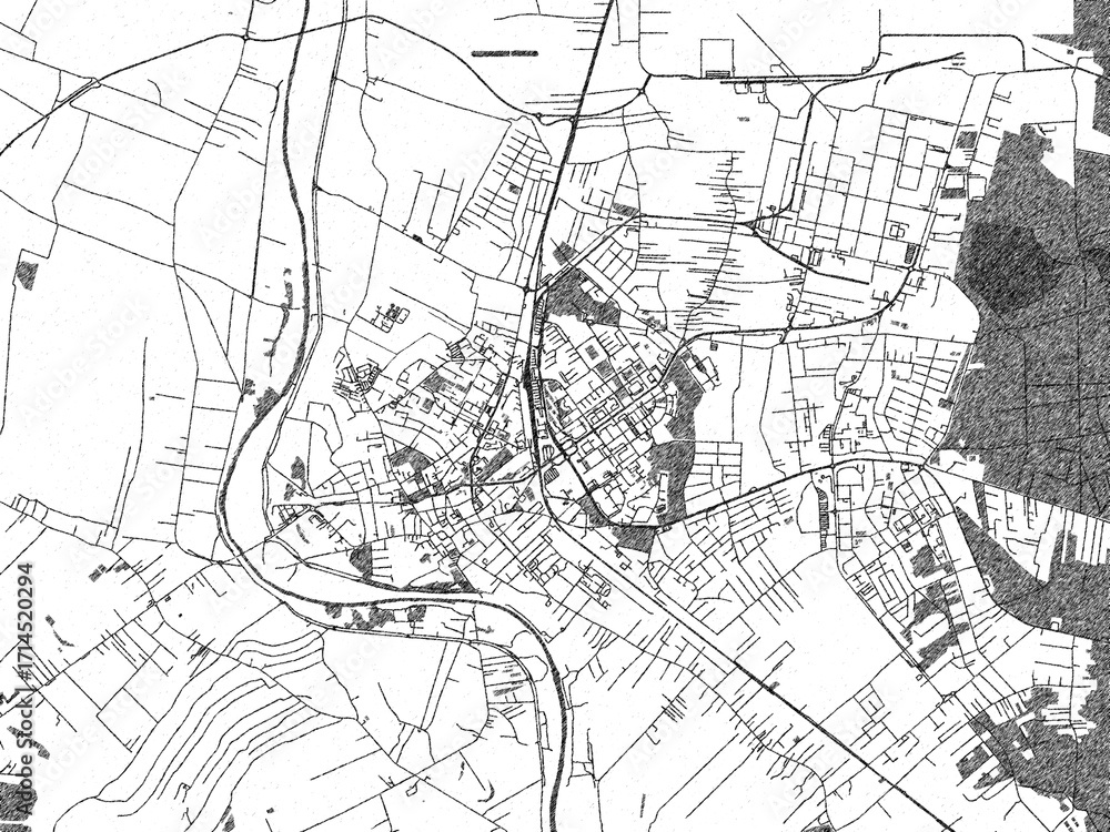 Naklejka premium City map illustration of Mielec, Poland, rendered in black and white sketch style.