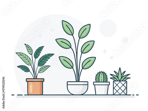 Illustration of four potted houseplants, showcasing a variety of green plants including a cactus, adding a touch of nature and freshness to any interior space