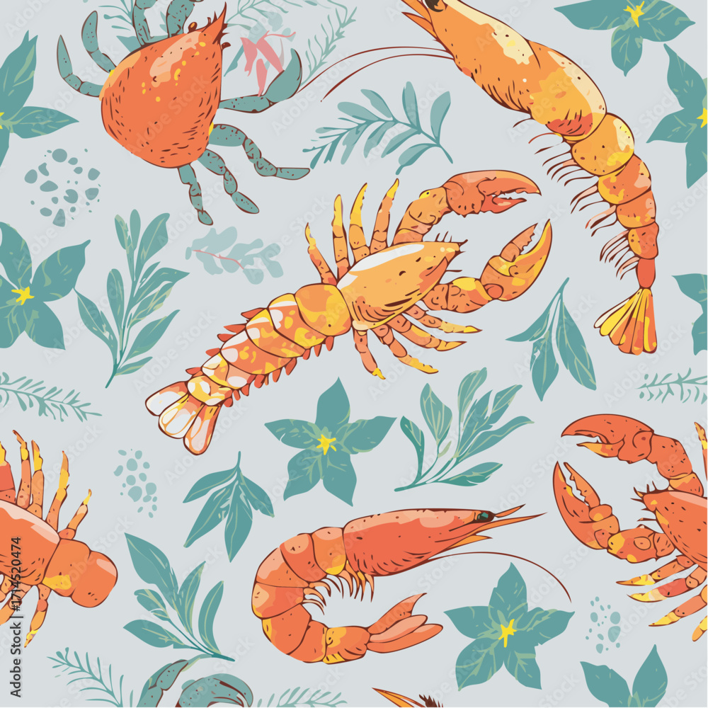 Obraz premium A vibrant, illustrated pattern featuring various sea creatures like shrimp and crabs, surrounded by colorful foliage.