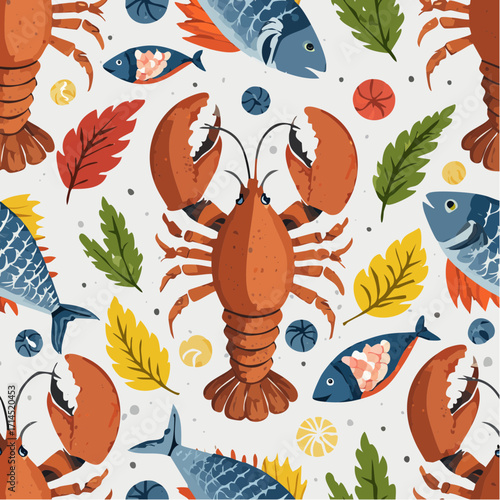 A vibrant pattern featuring lobsters, fish, and colorful leaves against a light background.