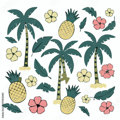 A vibrant illustration featuring multiple palm trees, pineapples, and tropical flowers, creating a lively and exotic atmosphere.