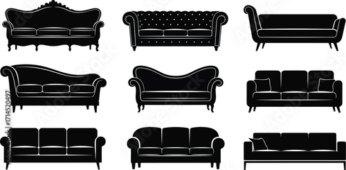 Silhouette of various sofa designs, showcasing different styles and shapes for living room furniture arrangement ideas