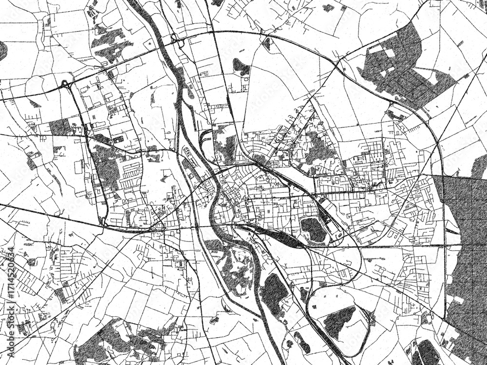 Fototapeta premium City map illustration of Opole, Poland, rendered in black and white sketch style.