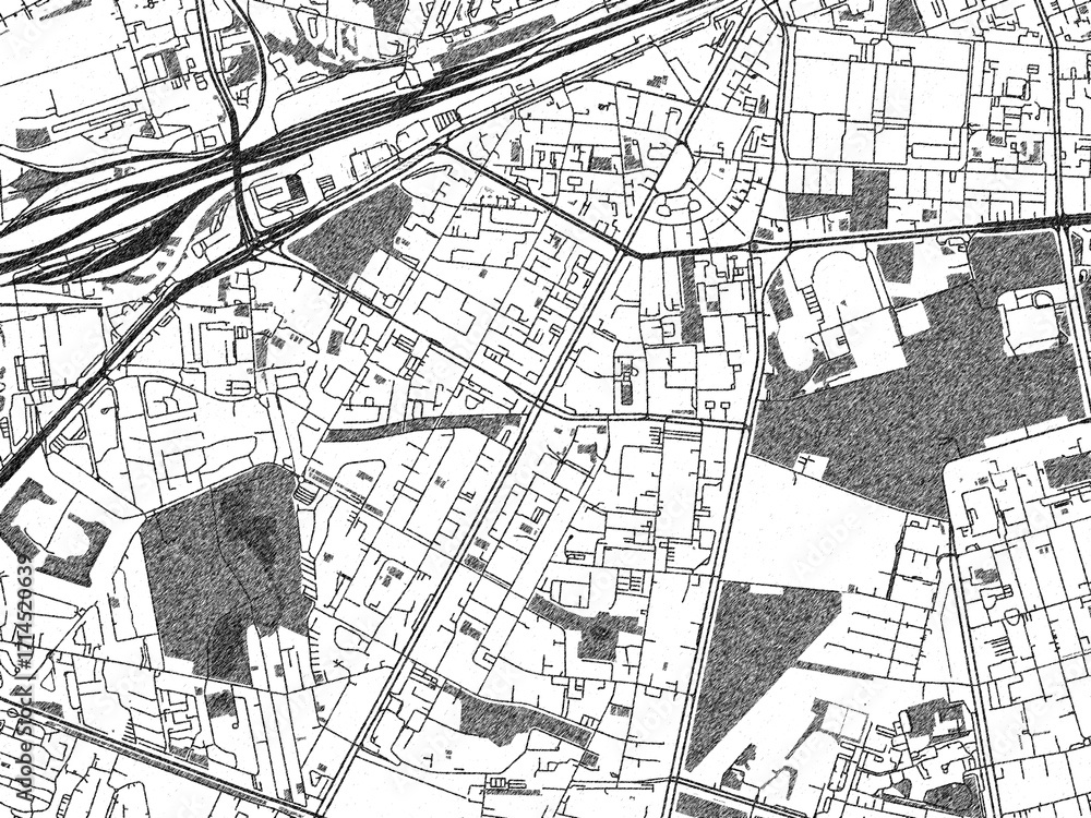 Naklejka premium Stylized black and white urban map of Ochota, Poland, hand-drawn for decor and creative use.