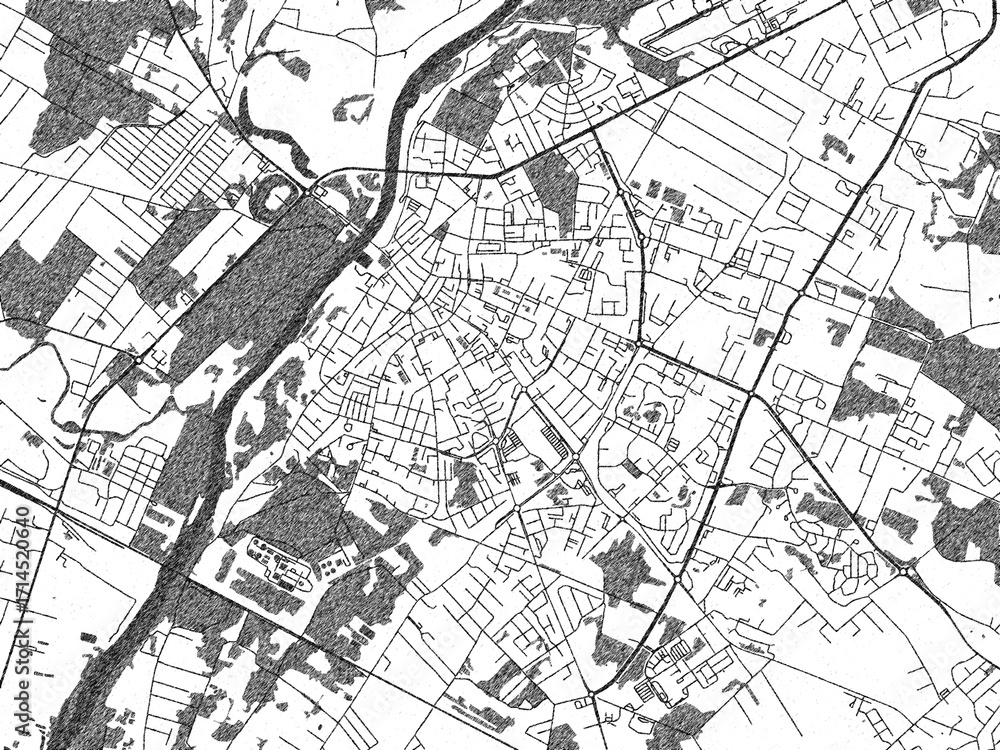 Fototapeta premium Artistic monochrome city map of Ostroleka, Poland, created in a hand-drawn style.