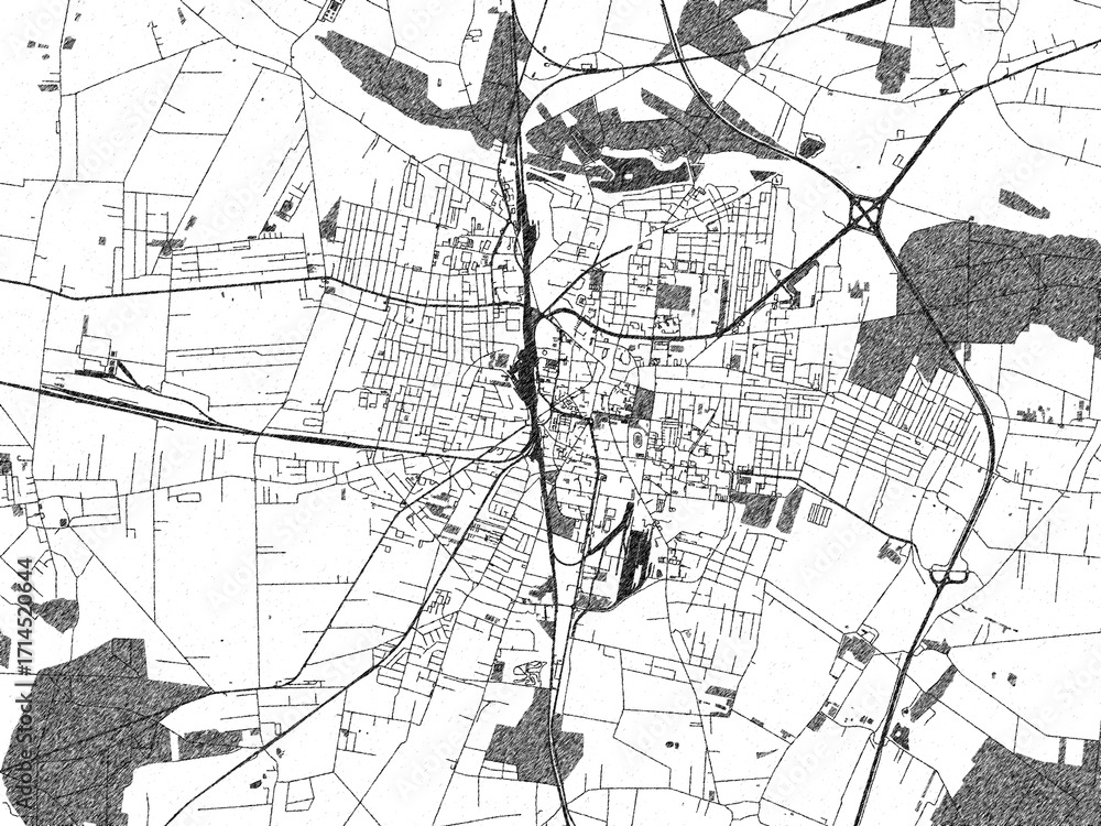 Fototapeta premium Hand-drawn style black and white city map of Ostrow Wielkopolski, Poland, with detailed streets and textures.