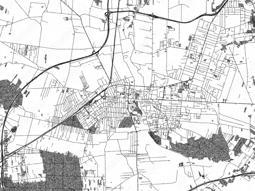 Fototapeta premium Poster-style sketch map of Pabianice, Poland, designed in artistic monochrome.