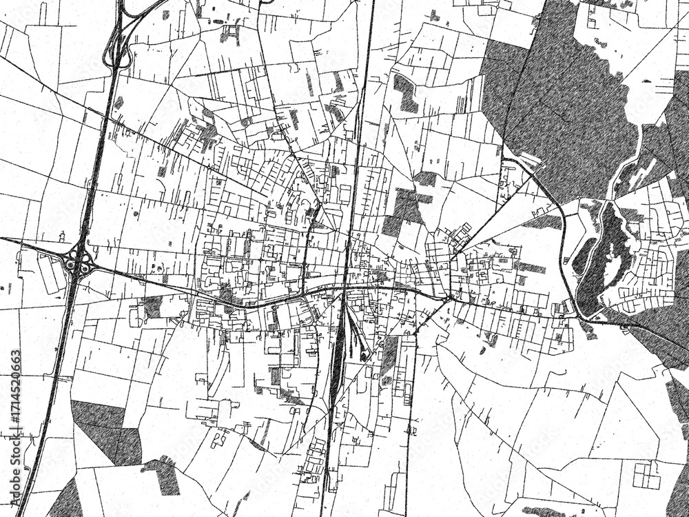 Fototapeta premium Illustrated map of Piotrkow Trybunalski, Poland, in black and white hand-drawn digital style.