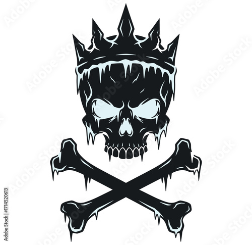 Black skull with spiky crown and crossed bones on white background vector