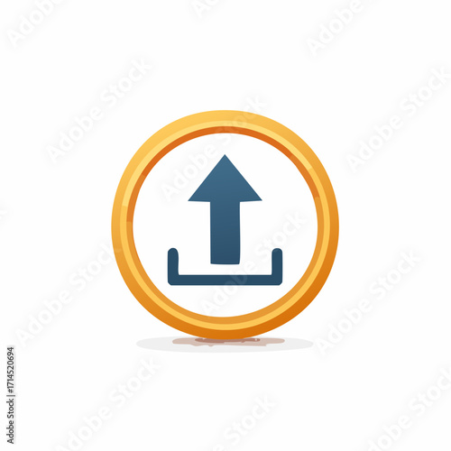 An upload icon featuring a blue arrow pointing upwards within a circular orange outline, symbolizing file transfer or sharing.