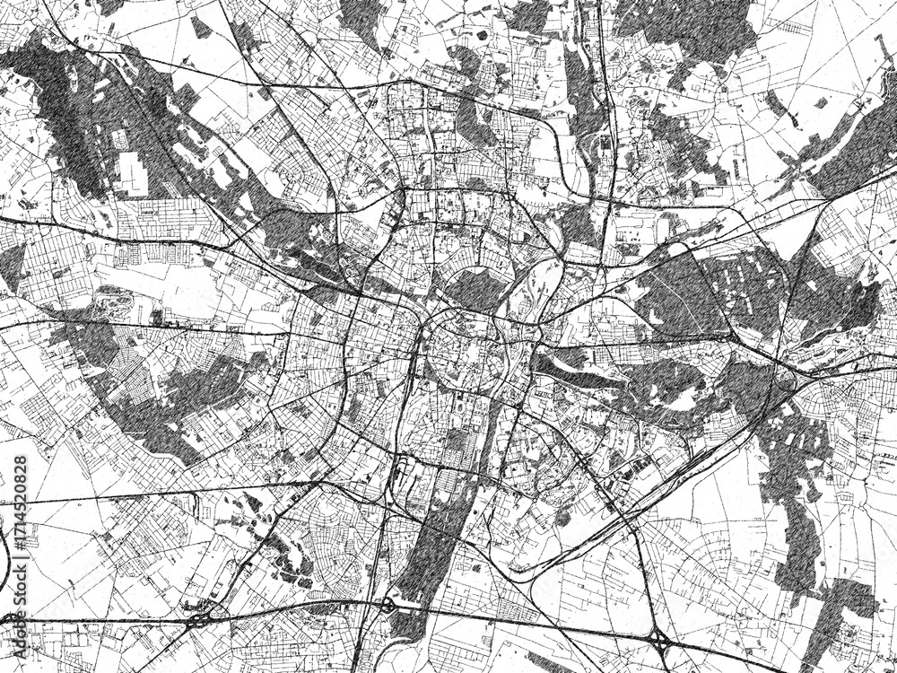 Naklejka premium Illustrated city map of Poznan, Poland, in black and white, showing roads and textures.