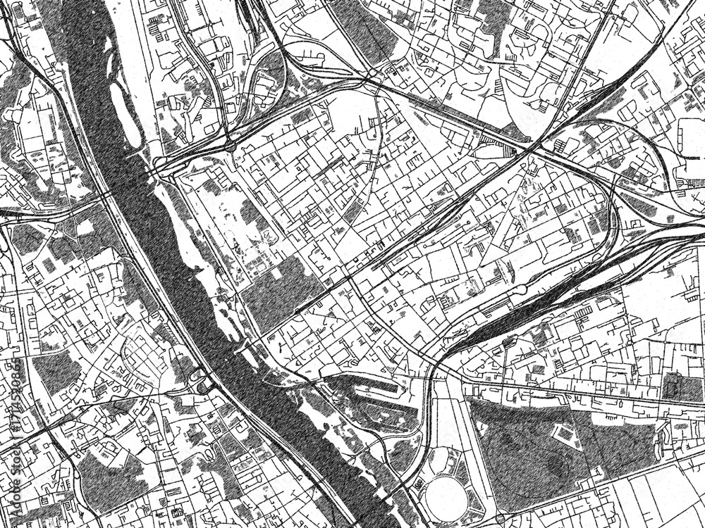 Obraz premium Urban black and white map of Praga Polnoc, Poland, designed in a sketch style for prints.