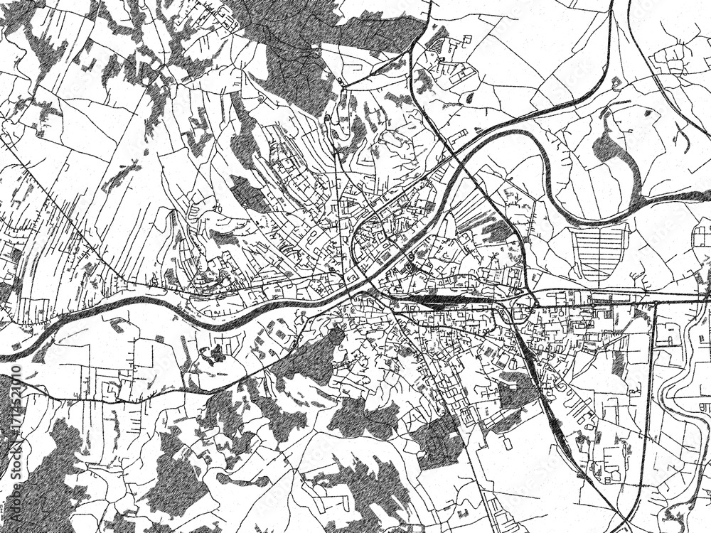 Naklejka premium Stylized decorative city map of Przemysl, Poland, hand-drawn style in black and white.