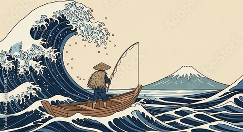 Japanese fisherman in a boat with a big wave in the style of a traditional ukiyo-e woodblock print