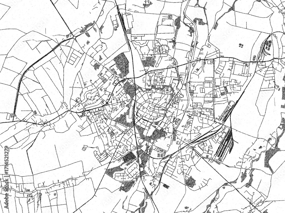 Naklejka premium Stylized decorative city map of Swidnica, Poland, hand-drawn in black and white.