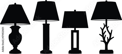 A silhouette of four table lamps with different designs, showcasing various styles and shapes, adding elegance to any room