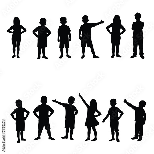 Diverse children silhouettes in various poses kids