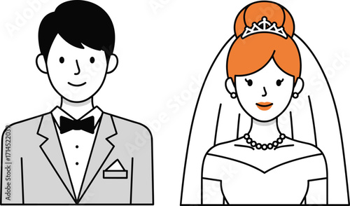 Cartoon bride and groom, wedding couple illustration, romantic marriage ceremony, vector art, newlyweds in formal attire, love celebration, bridal dress, groom suit, anniversary design