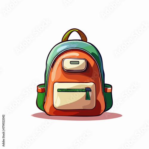 Cartoon illustration of a colorful backpack with pockets and a handle.