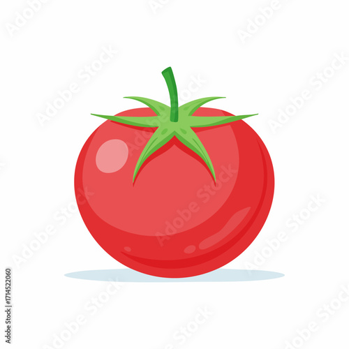 Illustration of a ripe red tomato with green stem and leaves.