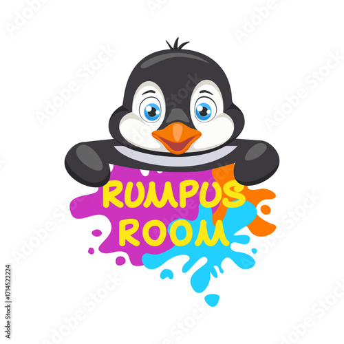 Banner for child play area with inscription Rumpus Room and cute Penguin. Cartoon animal label for playroom, children label for playroom.