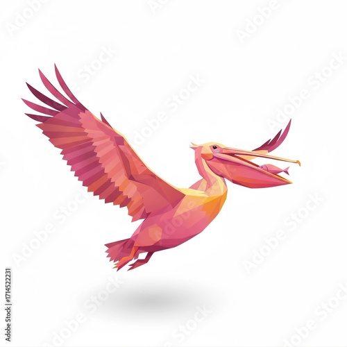 Polygonal Pink Pelican Flying with Fish in Beak Geometric Art
