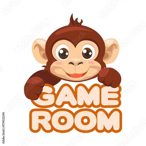 Banner for child play area with inscription Game Room and cute Monkey. Cartoon animal label for playroom, badge or sign for kids club.