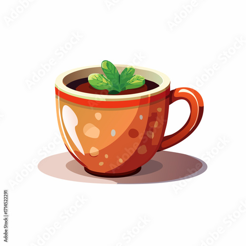 Illustration of a cup of tea with mint leaves on a white background.