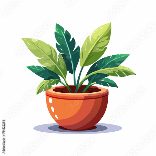 Illustration of a plant with green leaves in an orange pot.