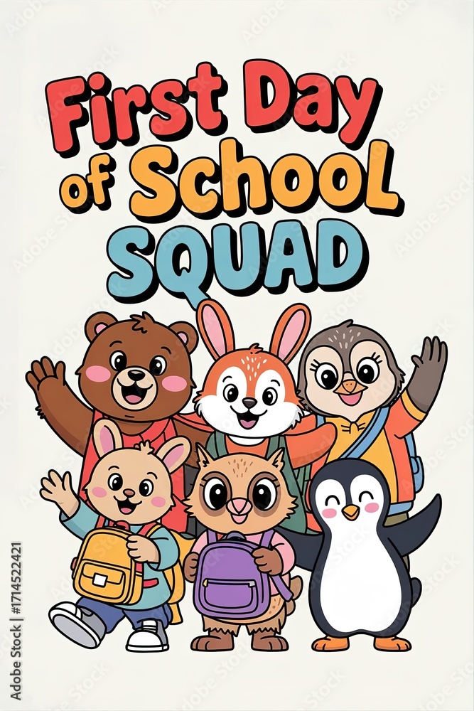 Fototapeta premium Cartoon Animal Squad Ready for First Day of School Adventure