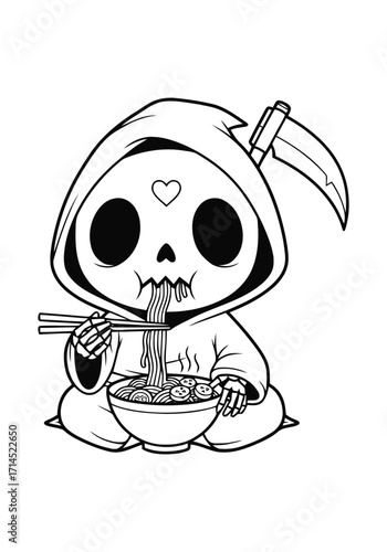 Cute grim reaper character eating ramen, a spooky kawaii page for halloween coloring books 85