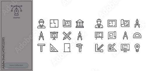 Construction and design icons showing tools, symbols, and equipment used in building projects