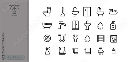 Collection of simple bathroom icons showcasing various fixtures, cleaning supplies, and amenities used in home spaces