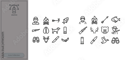 Various hunting and fishing icons depicting outdoor activities and tools used in nature exploration