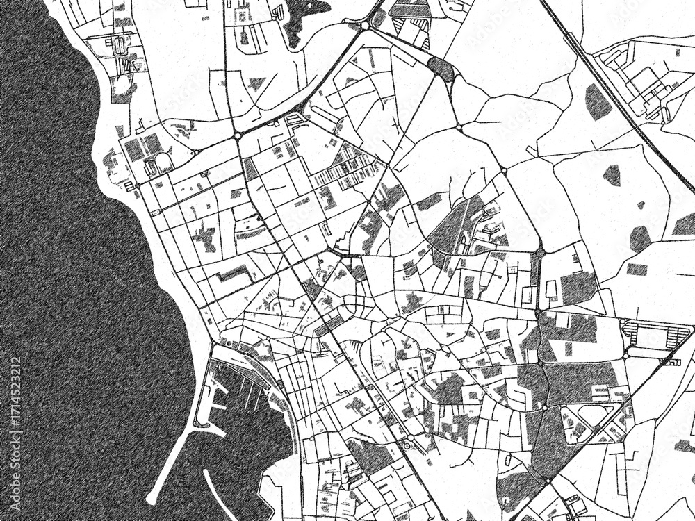 Naklejka premium Illustrated city map of Povoa de Varzim, Portugal, in black and white, showing roads and textures.