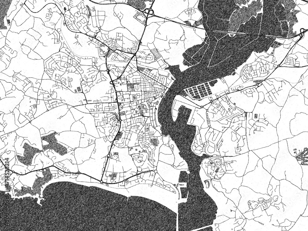Naklejka premium Artistic urban sketch of Portimao, Portugal, detailed in black and white map form.