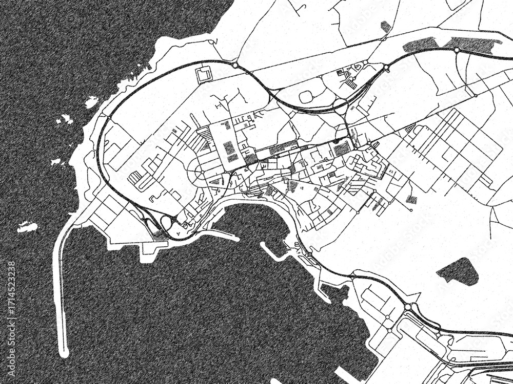 Obraz premium Artistic monochrome city map of Sines, Portugal, created in a hand-drawn style.