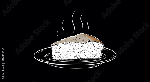 Close-up illustration of a warm, freshly baked slice of cake on a dark plate against a black background, showing a detailed texture and conveying a comforting mood.