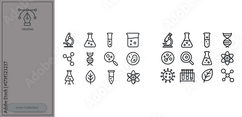 Science symbols and icons for education, research, and exploration in biology and chemistry displayed in a clean, organized layout