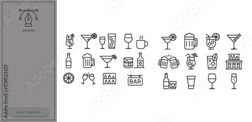Variety of beverage icons featuring cocktails, beers, and bar elements for a fun night out