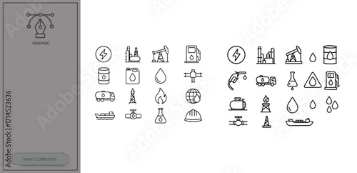 Various energy and oil industry icons showcasing essential elements related to fuel production and transport