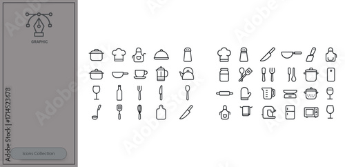 Variety of kitchen utensils and equipment icons displayed in a grid format for culinary use and design inspiration