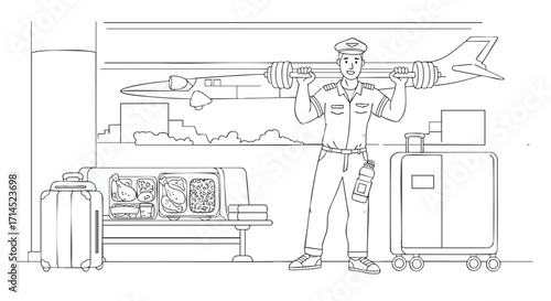 Dedicated Aviation Professional Maintaining Fitness at the Airport, a Playful Illustration Symbolizing Work-Life Balance and Readiness for Global Journeys