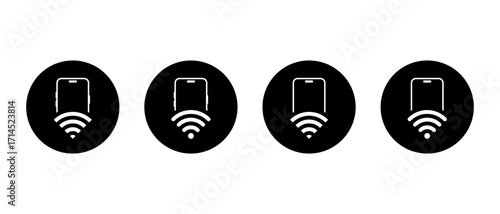 Smartphone with wifi icon set in black circle. Mobile internet and wireless connection symbol