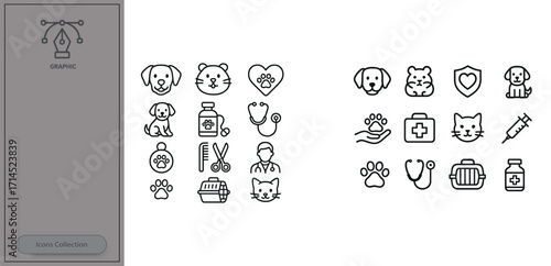 Icons of veterinary care featuring animals and medical tools for pets in a clean, simple design
