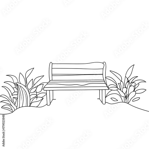 Simple line drawing of a garden bench surrounded by plants  