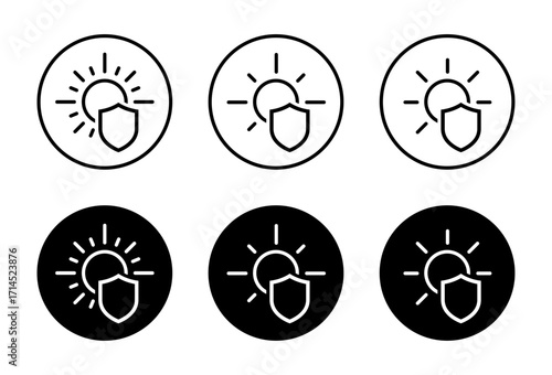 Sun protection icon set in black circle. UV shield and sunscreen safety symbol